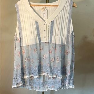 POL Blue and White Floral Lace Blouse
